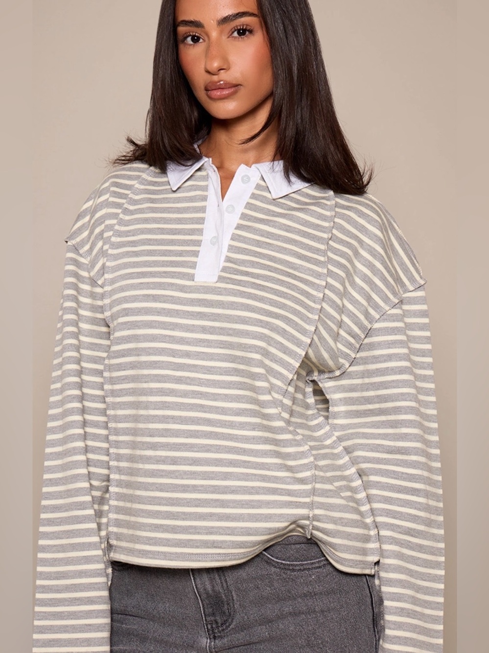 PrettyLittleThing PETITE BUTTER YELLOW STRIPE SEAM DETAIL RUGBY TOP